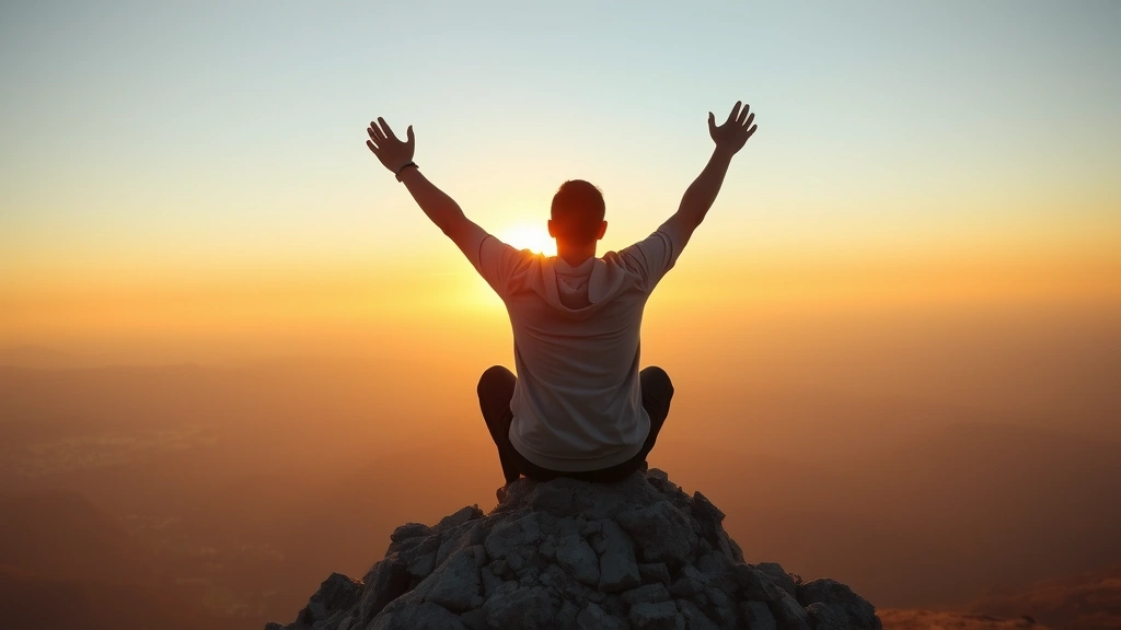 Person sitting on mountain summit at sunrise, arms raised in triumph, looking at vast landscape below, golden light, peaceful expression, sense of achievement and possibility