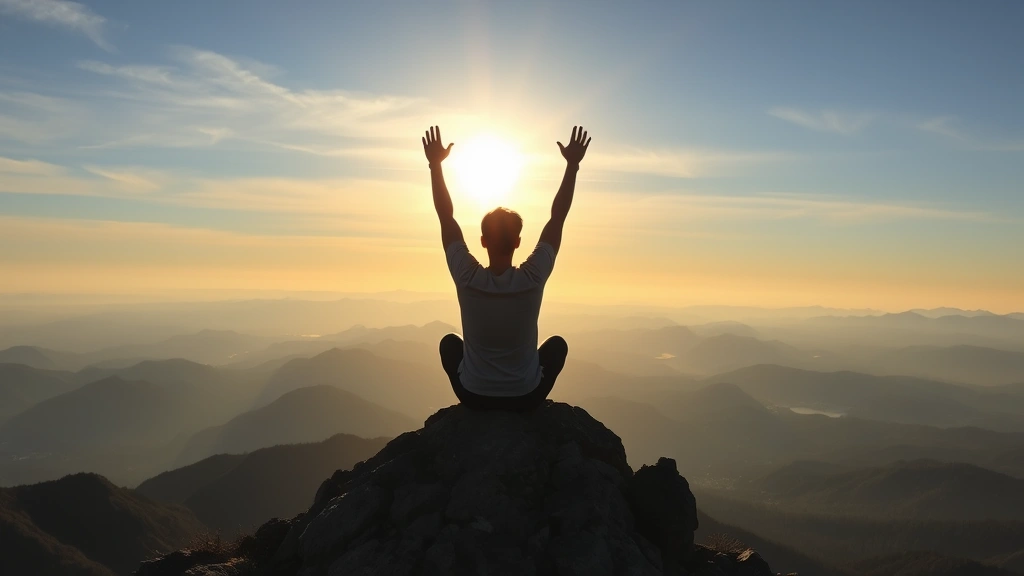 Person sitting at sunrise on mountain peak, hands raised in triumph, surrounded by valleys below, representing achievement and personal growth milestone after consistent effort and discipline
