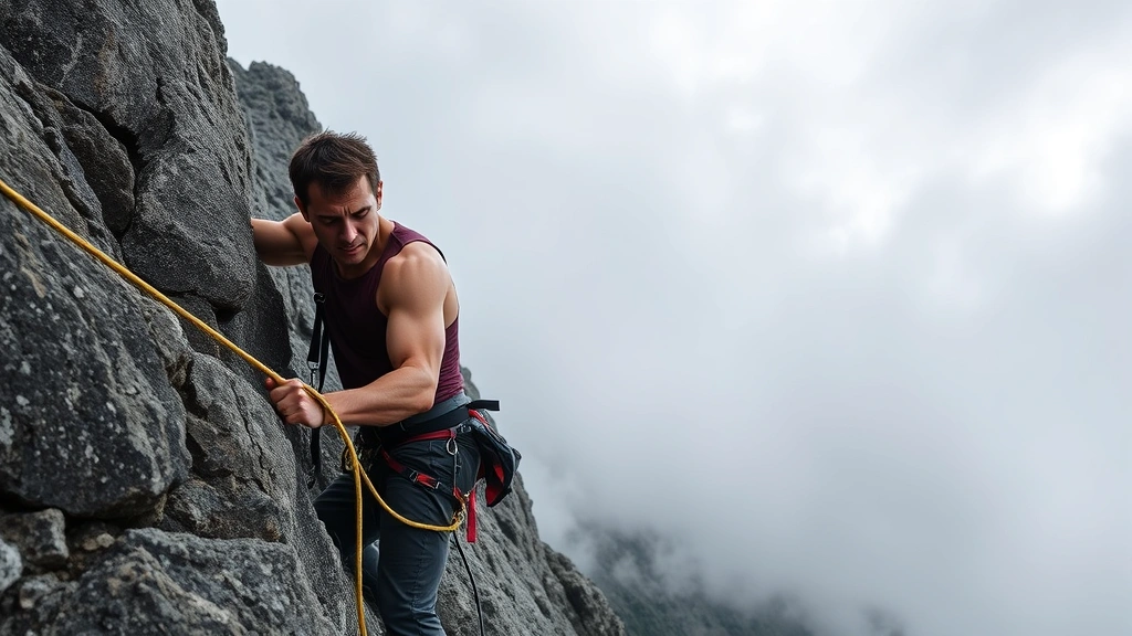 Individual climbing steep rocky mountain face with rope and climbing gear, muscles engaged, focused expression, misty clouds above, symbolizing the law of pain and growth through challenge and adversity