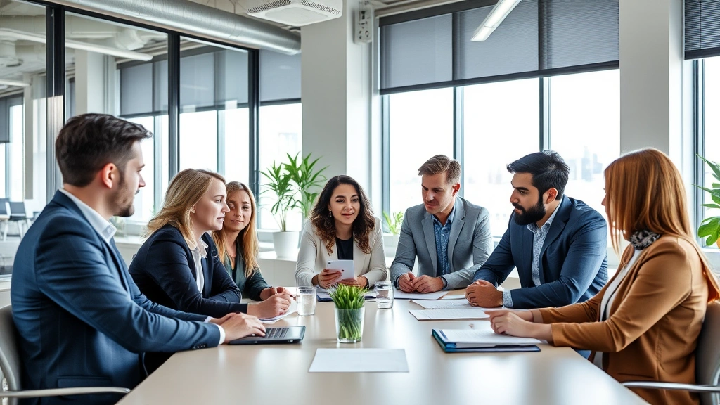 Group of diverse professionals in modern office collaborating around table, sharing knowledge, mentoring younger colleague, natural light from windows, representing contribution law and growth through teaching others