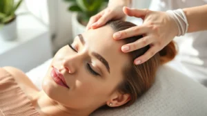 Woman receiving professional scalp massage treatment at a dermatology clinic, showing detailed hand positioning on scalp, natural lighting, peaceful expression, close-up of scalp and hands