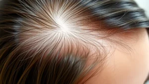 Close-up of healthy scalp with vibrant hair roots, professional dermatology clinic setting, natural lighting, woman with glossy hair showing growth