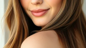 Close-up of person with visibly healthy, shiny hair cascading over shoulder, natural lighting highlighting hair texture and shine, serene expression suggesting wellness and confidence