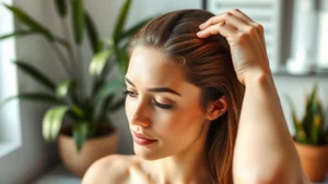 Professional woman applying nourishing hair treatment to scalp, focused expression, natural bathroom setting with plants, soft morning light, healthy glowing skin visible