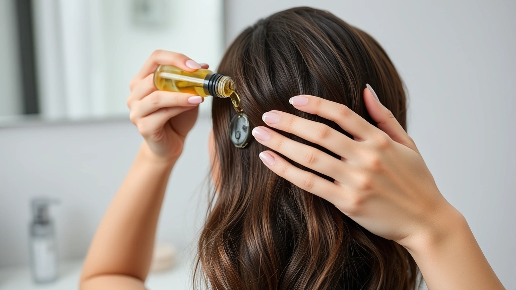 Woman applying nourishing hair serum or treatment to scalp with fingertips, professional bathroom setting, morning routine context, focused on scalp care and self-care