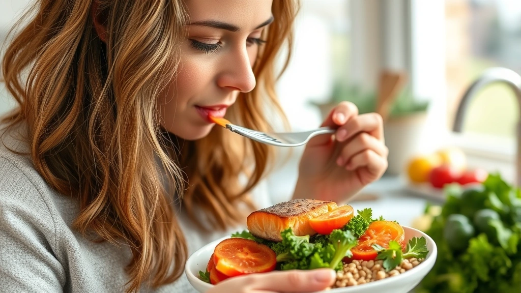 Person eating nutrient-rich meal with salmon, vegetables, and whole grains, bright kitchen setting, fresh ingredients visible, representing healthy diet for hair growth