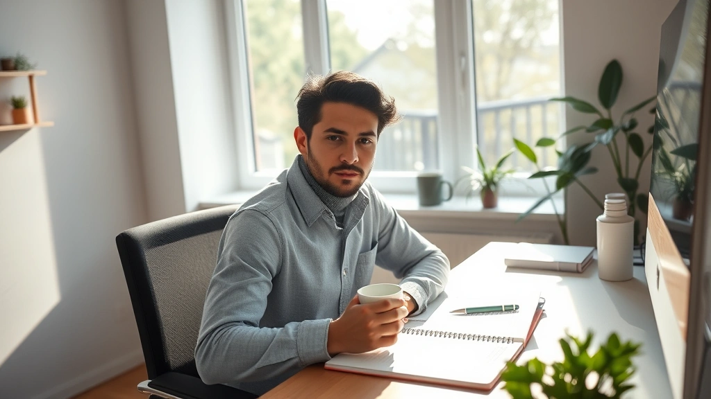 Person sitting at desk early morning with coffee, focused expression, notebook open, natural sunlight streaming through window, serene and determined atmosphere, professional workspace