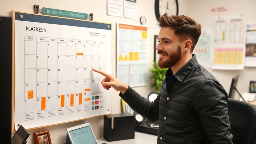 Individual reviewing calendar and progress chart on wall, pointing at achievements, satisfied expression, surrounded by motivational elements, organized workspace, tangible progress visible