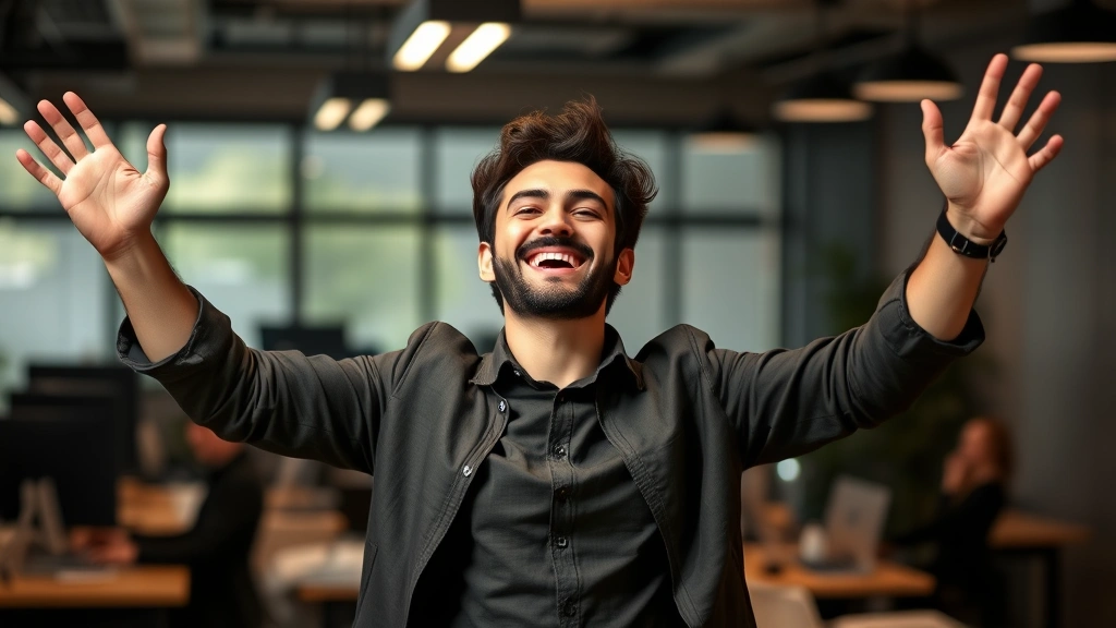 Person celebrating small victory with raised arms, genuine smile, energetic posture, modern workspace background, moment of breakthrough and accomplishment, authentic joy