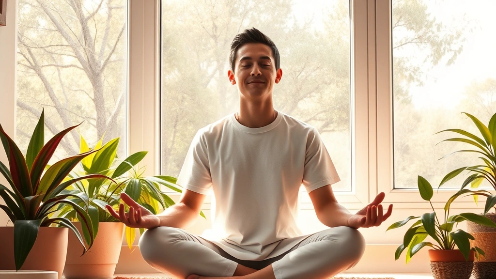 A person meditating peacefully in morning sunlight by a window, surrounded by plants, showing calm confidence and inner strength, photorealistic