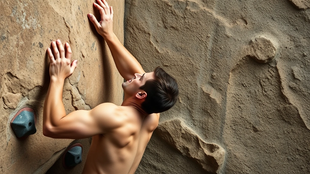 An adult climbing a challenging rock wall with focused determination, muscles engaged, representing overcoming obstacles and building resilience through action