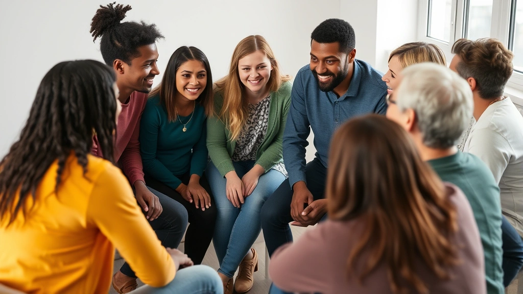A diverse group of people in a circle during a supportive discussion, leaning toward each other with engaged expressions, showing community mentorship and collaboration