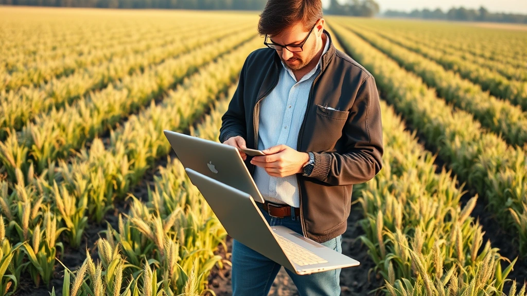 Male professional examining crop field data on laptop while standing in actual agricultural setting, bridging farming and technology, early morning light, confident posture