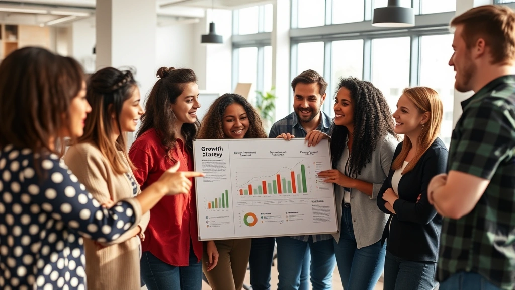 Young diverse team collaborating around growth strategy board in bright office space, pointing at sustainable growth diagrams, energetic yet focused atmosphere, natural lighting