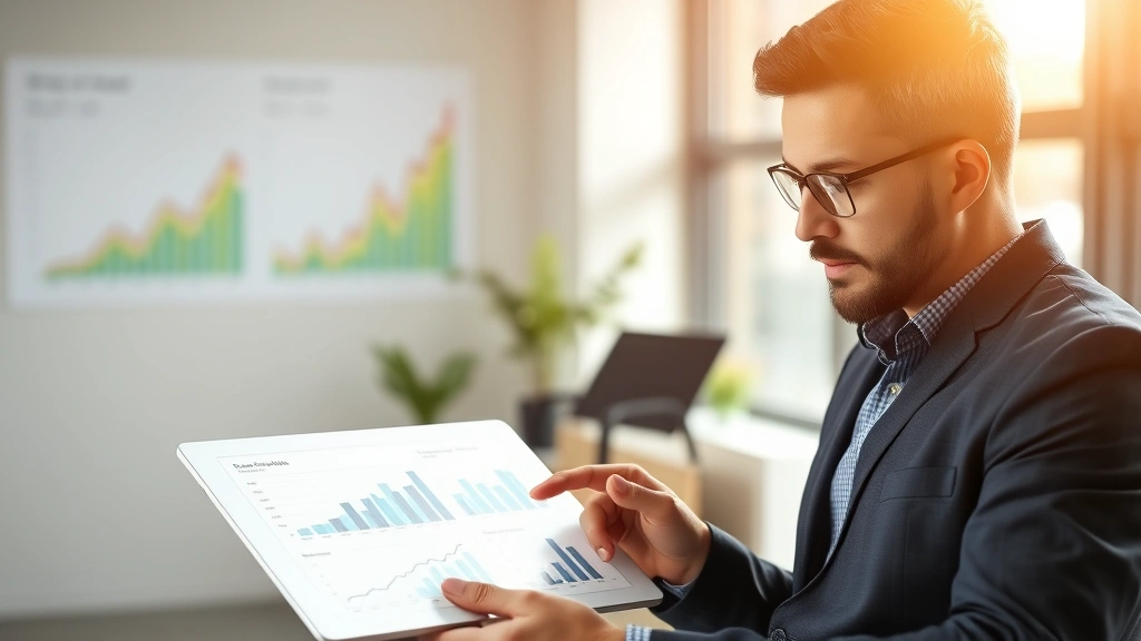 Professional investor reviewing portfolio charts on tablet in modern office, natural lighting, focused expression, growth charts visible in background