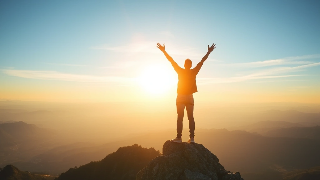 Person standing on mountain peak overlooking vast landscape, arms raised in success, sunrise illuminating horizon, representing financial growth and achievement