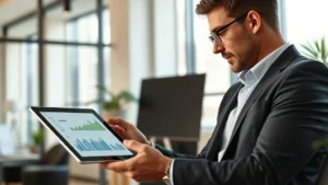 Professional investor reviewing growth portfolio charts on tablet in modern office, focused expression, natural lighting, sunlight through windows, confident posture