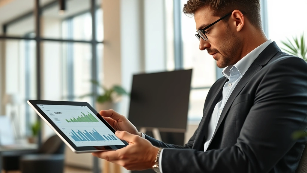 Professional investor reviewing growth portfolio charts on tablet in modern office, focused expression, natural lighting, sunlight through windows, confident posture