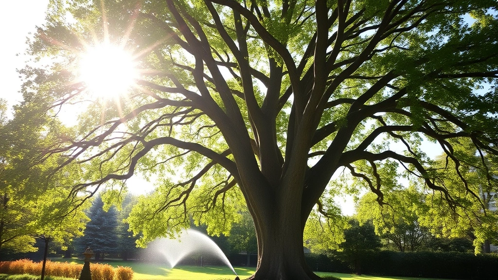 Mature American sycamore tree in full sun with impressive height and full canopy, demonstrating years of accelerated growth, surrounded by well-maintained landscape with visible water droplets on leaves from recent watering