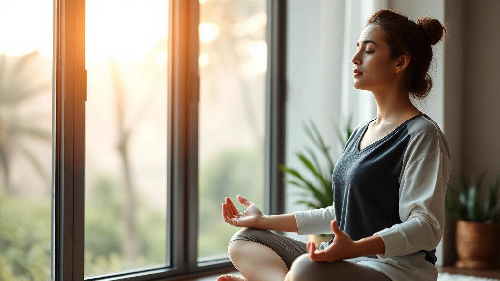 Someone meditating in serene natural setting, sitting peacefully by a window with soft natural light, calm composed posture, practicing mindfulness with eyes closed, tranquil atmosphere, photorealistic wellness imagery