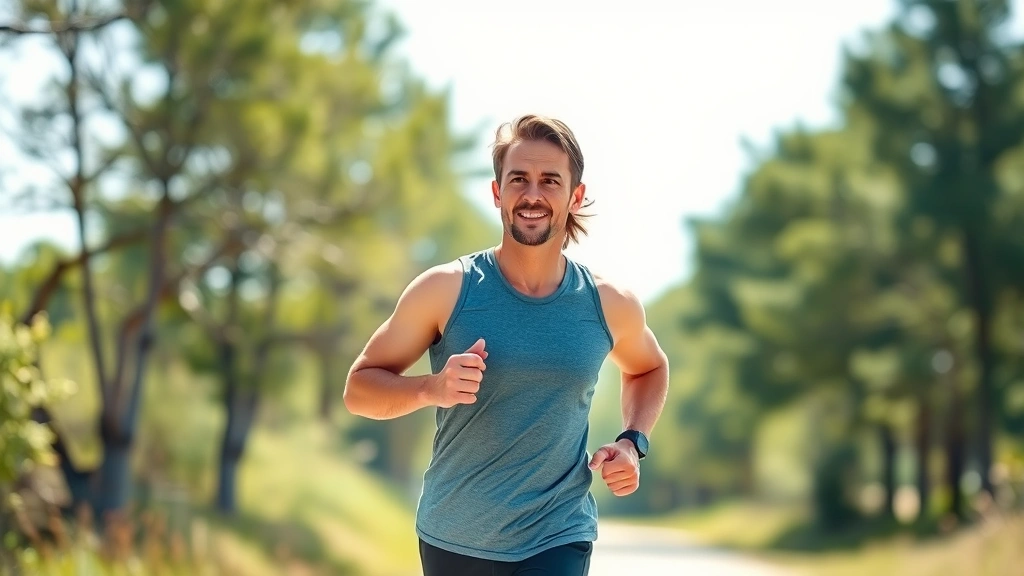 Individual exercising outdoors, running or doing physical activity in natural environment, energetic and focused expression, bright daylight, healthy active lifestyle, photorealistic fitness scene