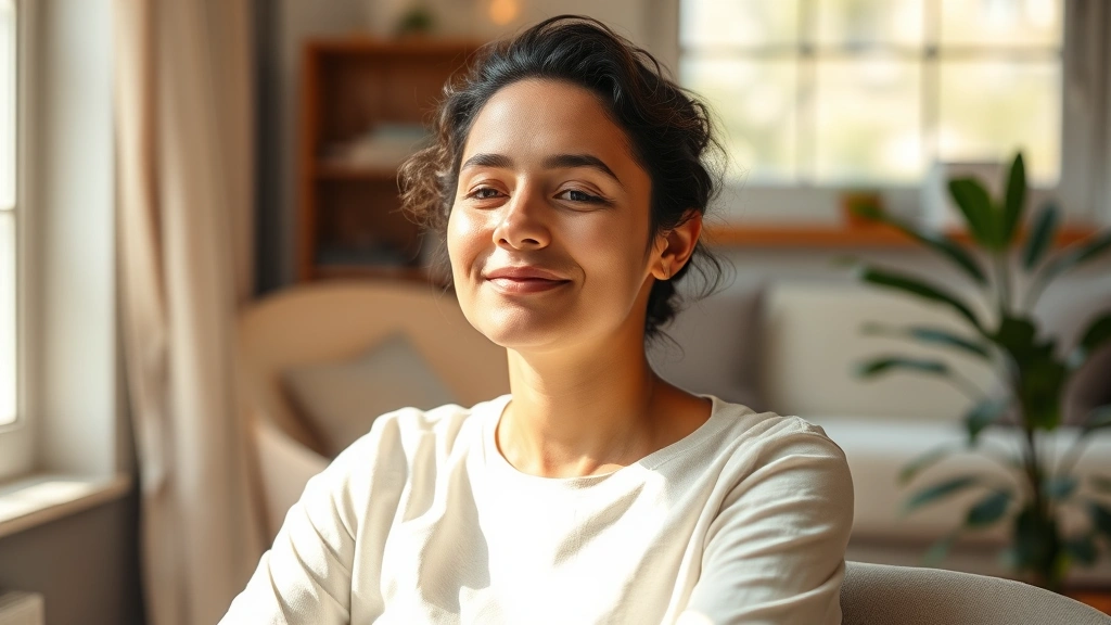 Person sitting peacefully in sunlit room, looking calm and confident, warm natural lighting, soft focus background, serene expression of self-acceptance