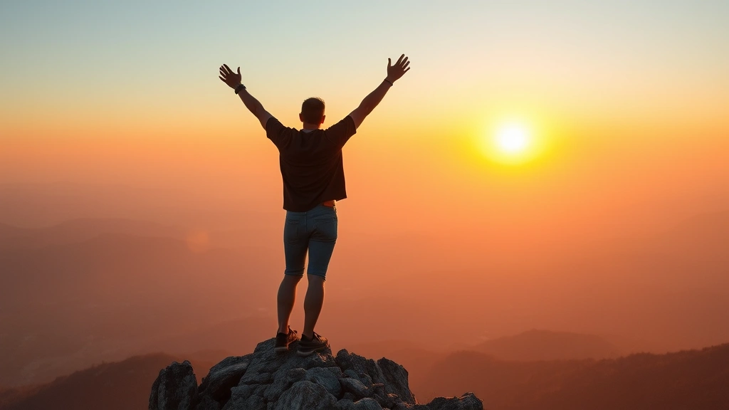 Person standing on mountain peak at sunrise, arms raised in achievement, landscape view below, golden hour lighting, expression of triumph and empowerment