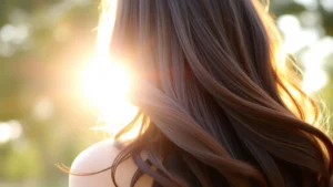 Woman with long, shiny, voluminous dark hair flowing in gentle waves, sunlit from behind showing hair health and radiance, close-up of hair texture demonstrating strength and vitality, natural outdoor setting