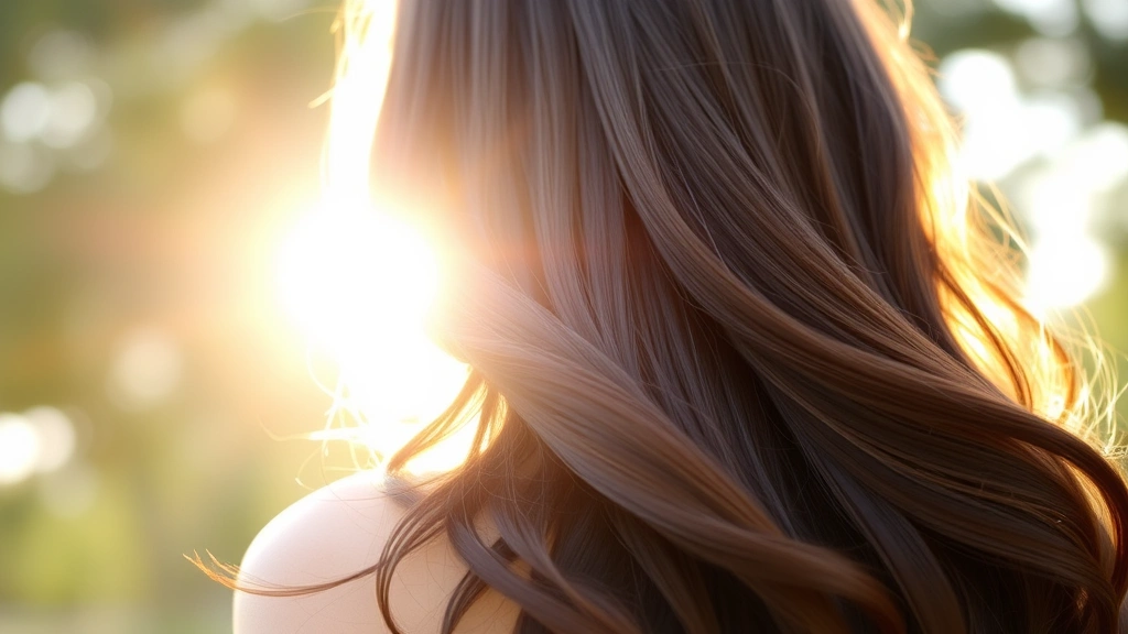 Woman with long, shiny, voluminous dark hair flowing in gentle waves, sunlit from behind showing hair health and radiance, close-up of hair texture demonstrating strength and vitality, natural outdoor setting