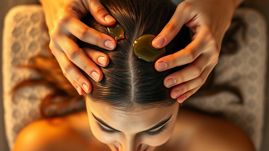Hands massaging scalp in circular motions with golden argan oil, warm lighting highlighting the oil's color, showing proper massage technique for hair growth stimulation, peaceful expression on face