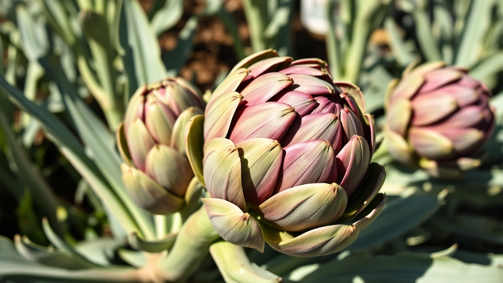 Close-up of vibrant purple-green artichoke buds growing on mature plant in sunlit Mediterranean garden with silvery-green foliage, showcasing peak harvest-ready condition and natural beauty
