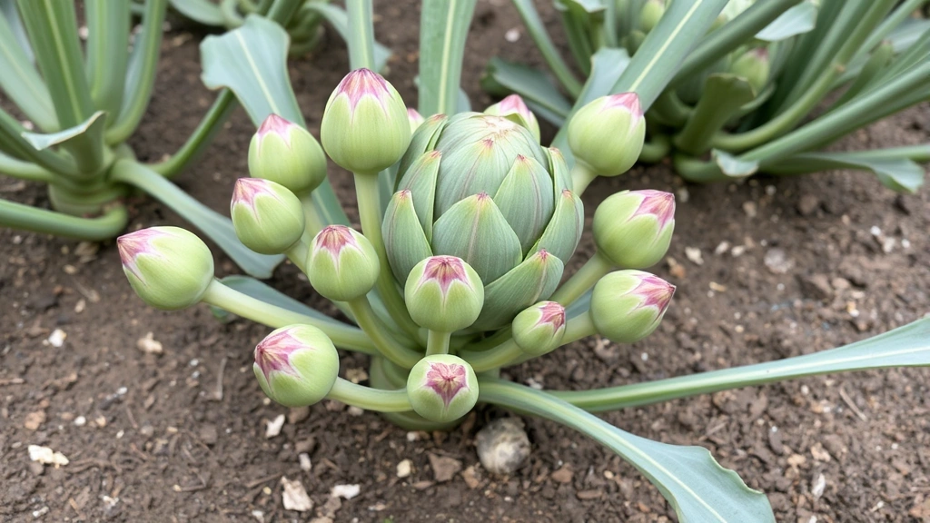 Healthy artichoke plant in full growth stage with multiple developing buds at various maturity levels, showing side shoots and secondary buds emerging, with well-mulched soil base and clear spacing