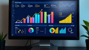 Professional dashboard displaying upward trending growth graphs with percentage indicators, colorful charts, and numerical data metrics on computer screen