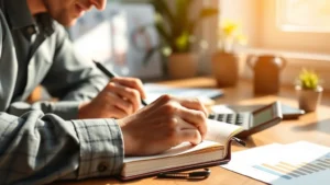 Person writing growth metrics in notebook, bright natural light, focused expression, desk with calculator and charts visible, morning workspace atmosphere, professional yet approachable setting