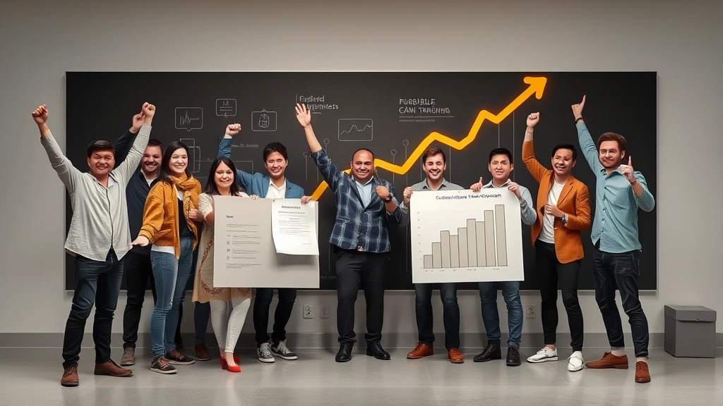 Team celebrating achievement milestones with visual representation of growth progress, showing tangible success metrics and upward momentum indicators