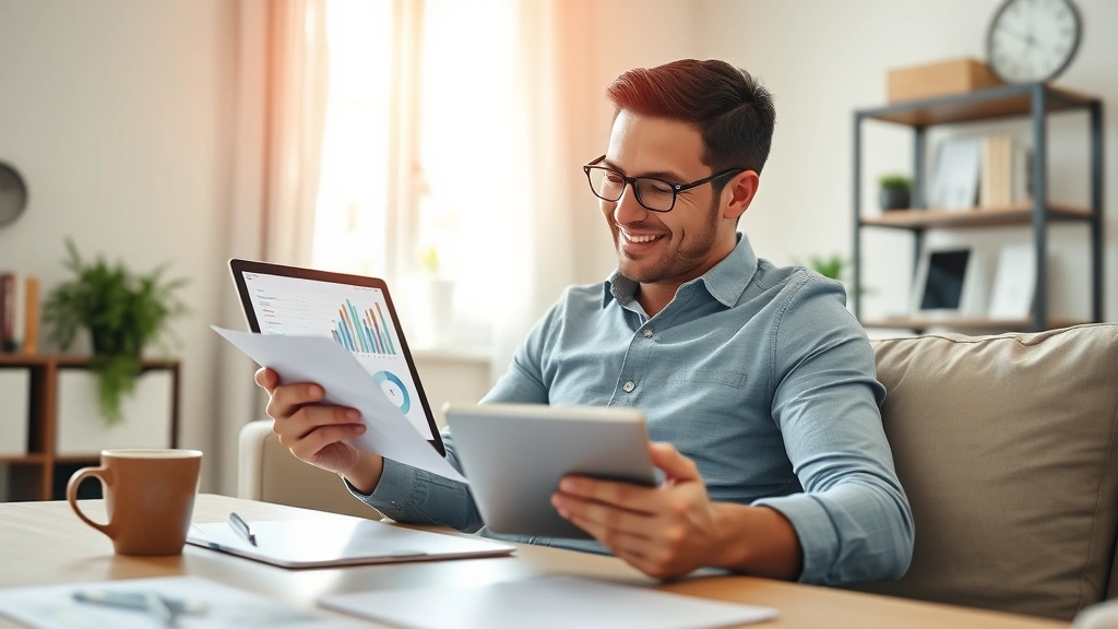 Individual reviewing progress charts and metrics on tablet device, coffee cup nearby, comfortable home office setting, satisfied expression, data visualization on screen, natural daylight streaming through window