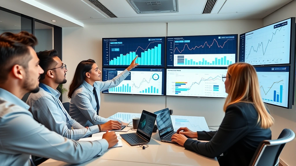 Diverse group of business professionals in a strategic meeting room reviewing analytics dashboards on multiple screens, pointing at data visualizations showing upward growth trends, modern technology environment, collaborative energy
