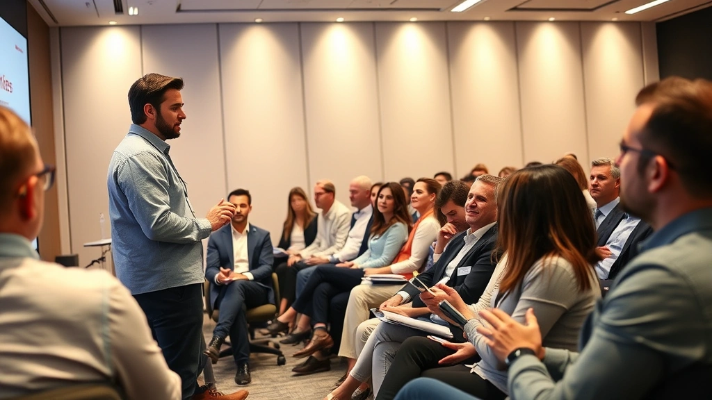 Successful entrepreneur presenting to engaged audience in a professional seminar setting, confident body language, audience members taking notes and nodding, modern presentation room with subtle branding, inspiring and aspirational atmosphere