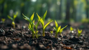 Young bamboo shoots breaking through rich dark soil, morning sunlight illuminating the breakthrough moment, water droplets on leaves, serene natural setting, depth of field emphasizing new growth emerging from earth, photorealistic botanical photography