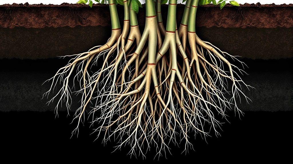 Deep extensive bamboo root system visible in cross-section underground, intricate network of white and brown roots intertwining in dark soil, interconnected and strong, photorealistic illustration showing foundation and stability beneath surface, natural lighting
