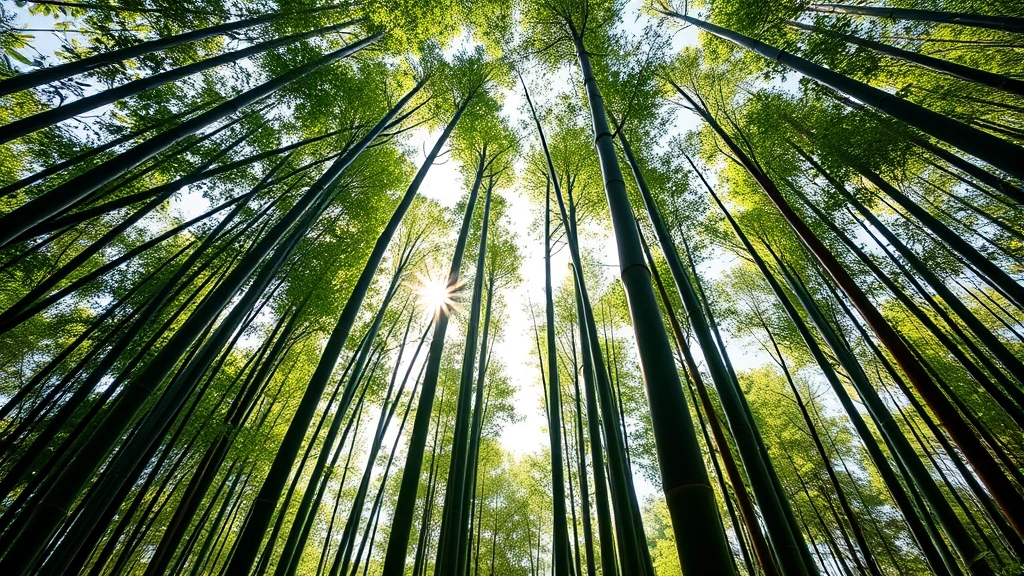 Mature tall bamboo grove reaching toward bright sky, multiple stalks at different heights showing growth stages, sunlight filtering through leaves creating dappled shadows, peaceful forest environment, photorealistic nature photography showing resilience and upward momentum