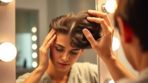 Person examining scalp in mirror with focused expression, warm lighting highlighting hair texture and scalp health, professional setting conveying self-care and personal wellness