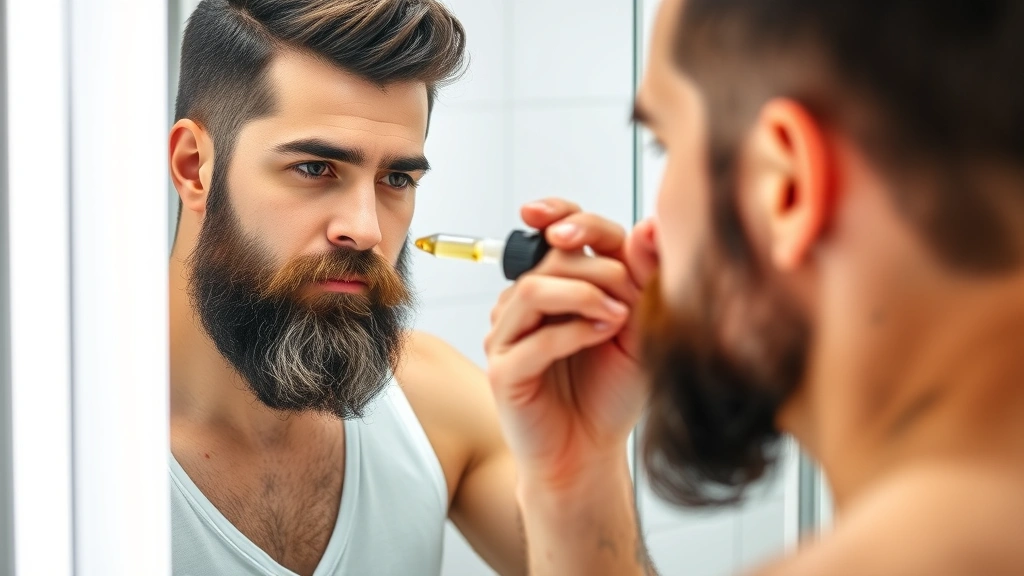 Man applying beard oil with dropper, showing grooming routine and beard care maintenance in bathroom setting with mirror reflection