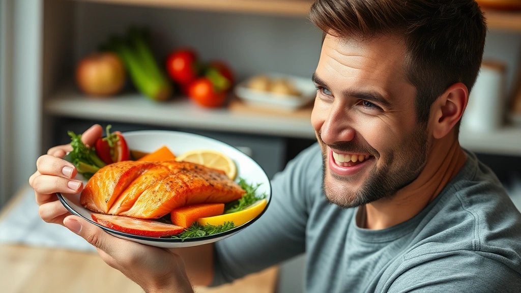 Healthy man eating protein-rich meal with salmon and vegetables, demonstrating nutritional support for hair growth and wellness