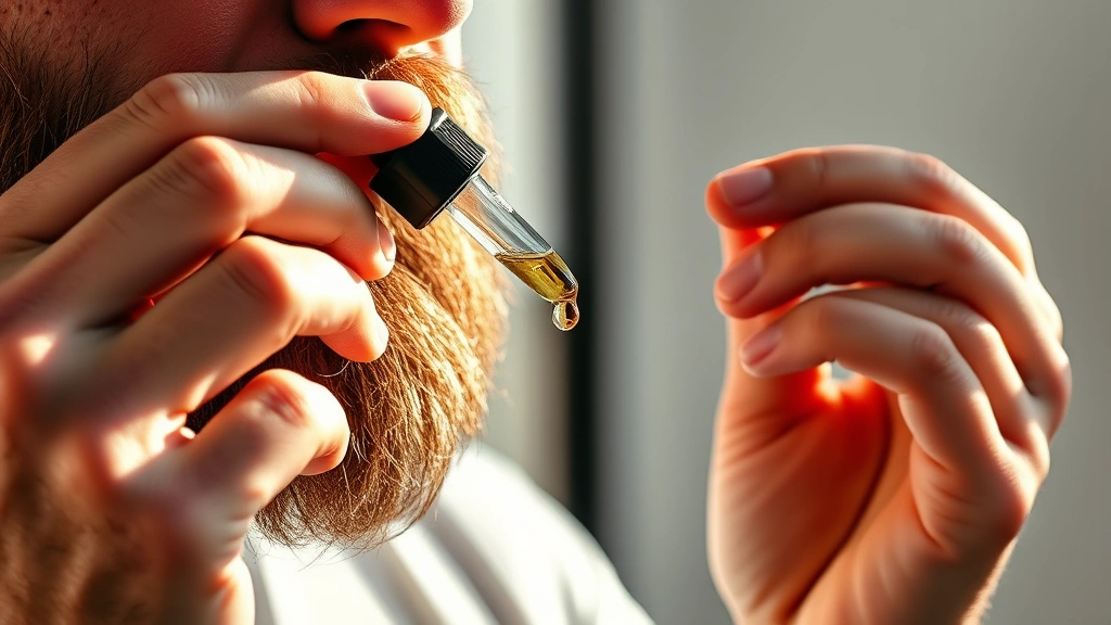 A man with a well-groomed beard applying beard oil with a dropper, hands visible, professional lighting, natural morning sunlight, close-up shot showing the oil droplets and healthy beard texture, photorealistic, grooming routine setting