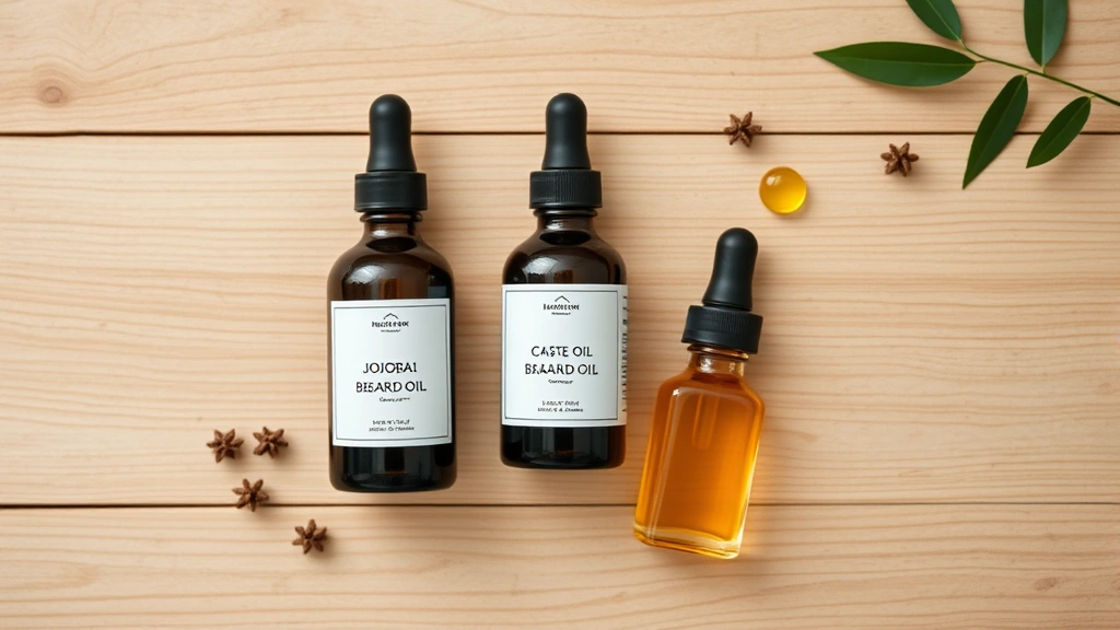 Overhead flat lay of beard oil bottles with jojoba, argan, and castor oil ingredients displayed, natural wooden surface, soft diffused lighting, wellness and self-care aesthetic, no text or labels visible, photorealistic professional product photography