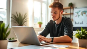 Young professional reviewing investment portfolio on laptop, natural sunlight streaming through window, focused expression studying financial charts and growth graphs, modern home office setting, motivational yet concentrated atmosphere