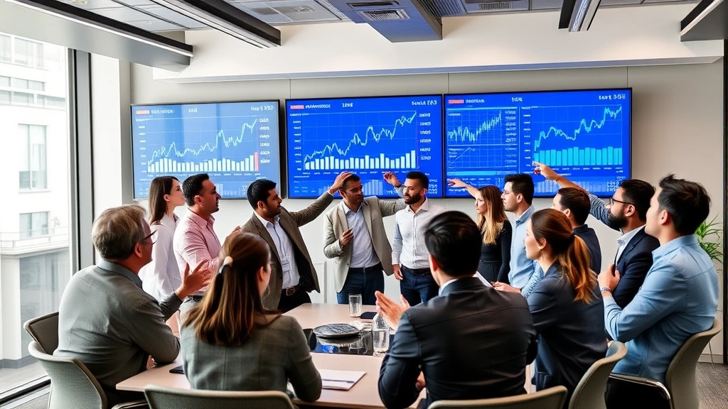 Diverse group of investors in modern conference room discussing market strategy, pointing at digital screens displaying growth trends and financial data, collaborative energy, professional attire, optimistic body language
