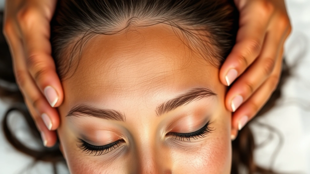 Close-up of person with glowing, healthy scalp receiving a gentle massage with warm castor oil, hands visible, peaceful expression, natural lighting, spa-like setting, no text visible