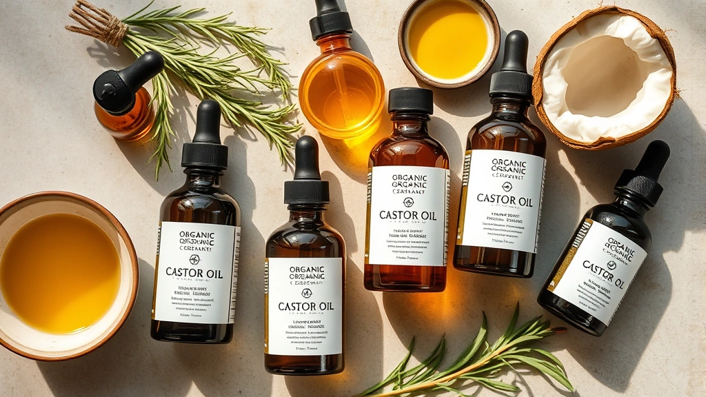 Overhead view of various organic cold-pressed castor oil bottles and natural ingredients like rosemary sprigs and coconut oil in a wellness setting, warm natural light, minimalist aesthetic, no visible text or labels